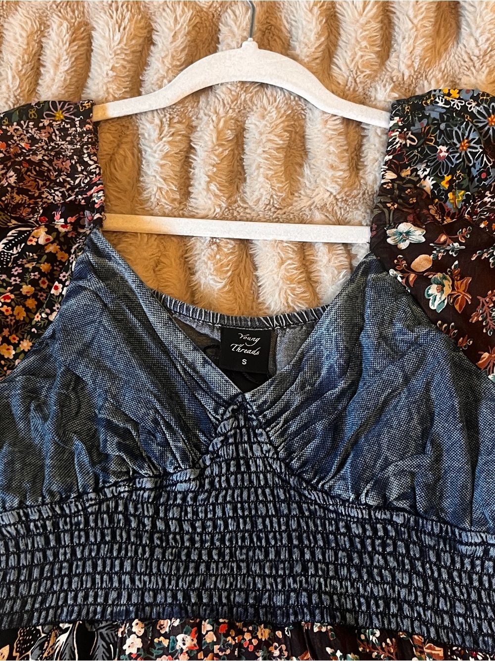 Women’s Black Floral Boho Dress with Denim Trim - Picture 2 of 4